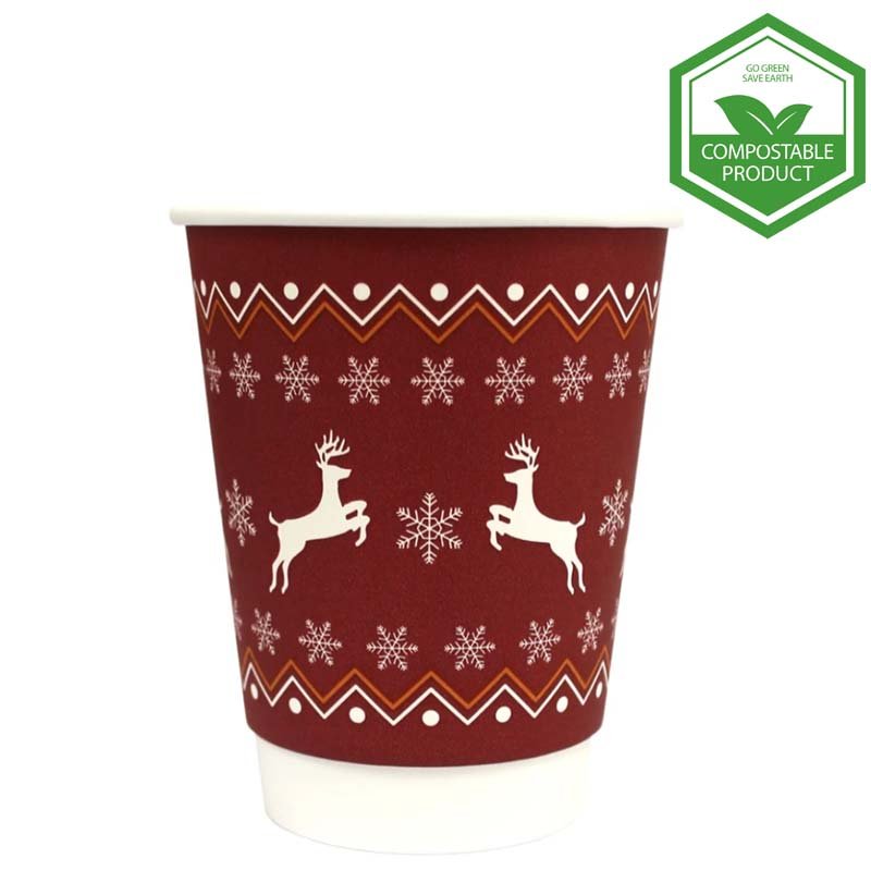 CHRISTMAS SPECIAL: 12 OZ XMAS MIXED DOUBLE WALL EMBOSSED RED/GREEN  BIODEGRADABLE CUPS - H-Pack